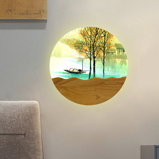 Round Metal Wall Mural Light 9.5/11 Wide Asia Style Led Wood Mounted Lighting With Boat And Tree