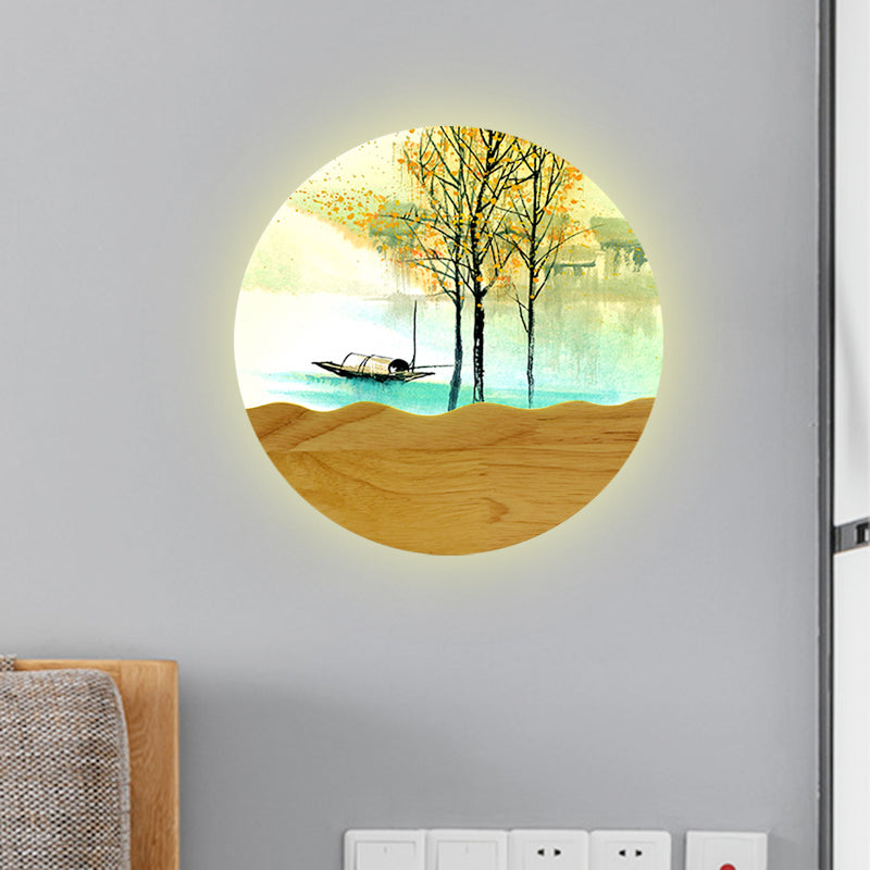 Round Metal Wall Mural Light 9.5/11 Wide Asia Style Led Wood Mounted Lighting With Boat And Tree