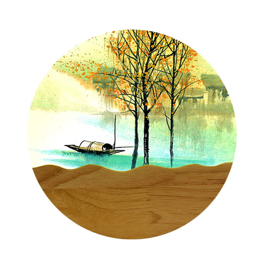 Round Metal Wall Mural Light 9.5/11 Wide Asia Style Led Wood Mounted Lighting With Boat And Tree
