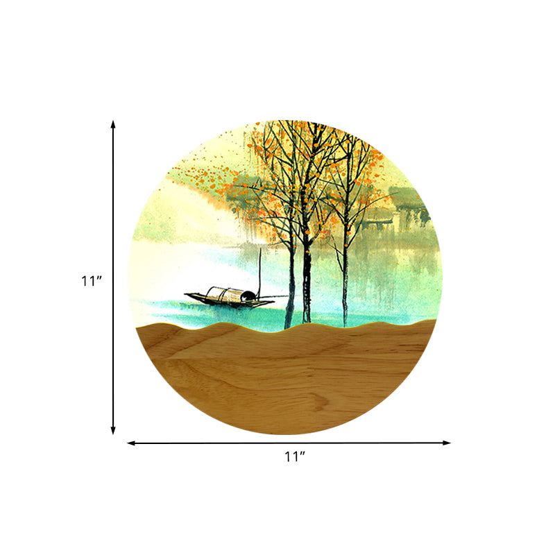 Round Metal Wall Mural Light 9.5/11 Wide Asia Style Led Wood Mounted Lighting With Boat And Tree
