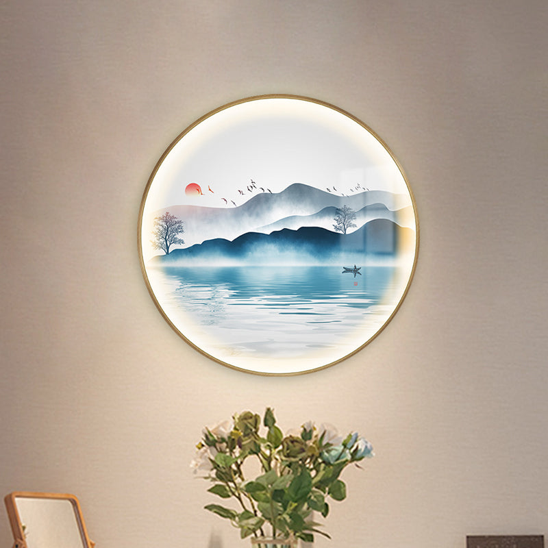 Gold Circular Mountain And Lake Mural Led Wall Light: Stunning Chinese Metallic Lighting Idea / A