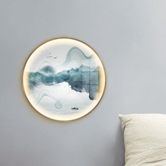 Gold Circular Mountain And Lake Mural Led Wall Light: Stunning Chinese Metallic Lighting Idea