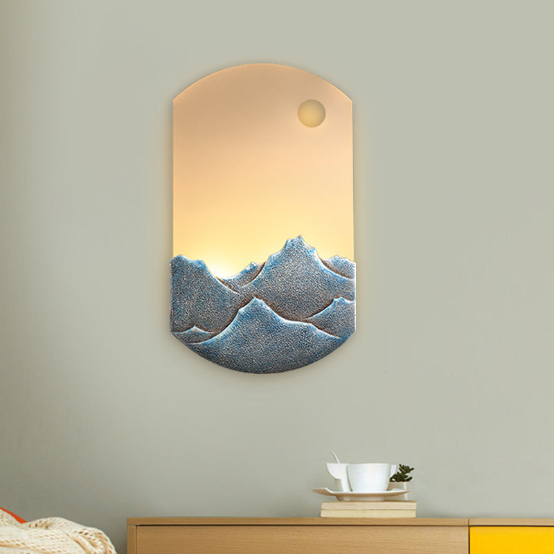 Chinese Style Led Oval Wall Mural Light - Silver/Brown Acrylic Mount With Mountain Pattern For