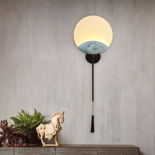 Elegant Oval Corridor Mountain Wall Mural Led Oriental Style Light Fixture In Silver/Brown Silver /