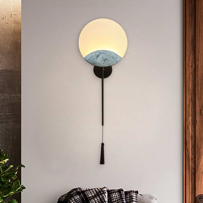 Elegant Oval Corridor Mountain Wall Mural Led Oriental Style Light Fixture In Silver/Brown