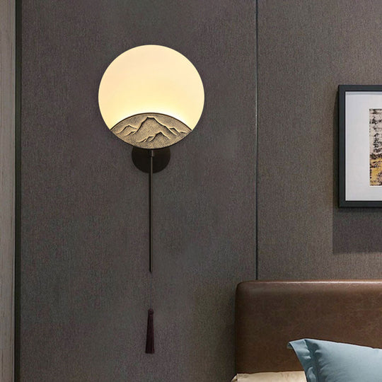 Elegant Oval Corridor Mountain Wall Mural Led Oriental Style Light Fixture In Silver/Brown Brown / B