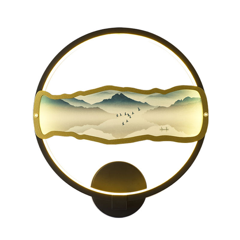 Mountain Patterned Led Wall Light In Asia Style - Black & Circular With Warm/White