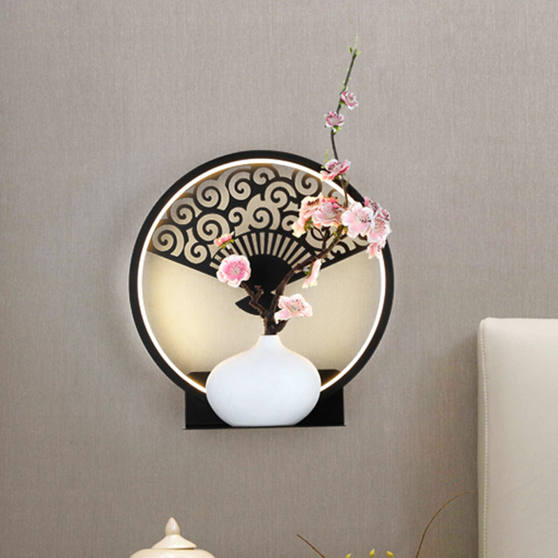 Oriental Led Wall Lamp: Rounded Metallic Mural With Plum Pattern Black Mount Warm/White Light /