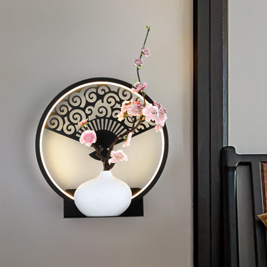 Oriental Led Wall Lamp: Rounded Metallic Mural With Plum Pattern Black Mount Warm/White Light