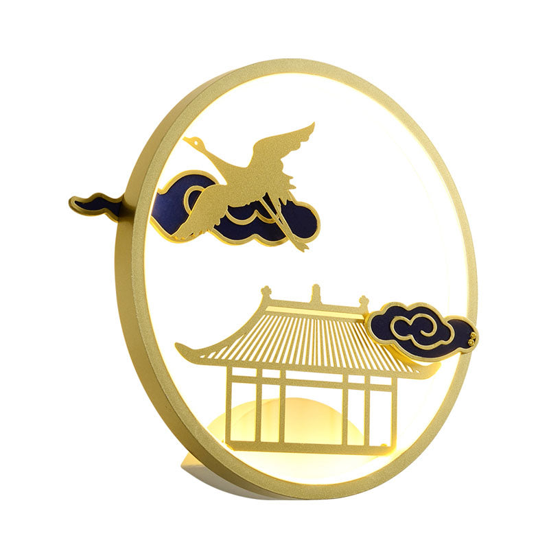 Circular Crane And House Wall Lighting Asia Style Metallic Led Hallway Mural Light In Gold