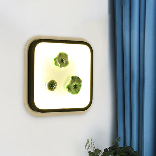 Chinese Style Lotus Wall Lamp: Led Porcelain Light In Black And White Square Design Black-White
