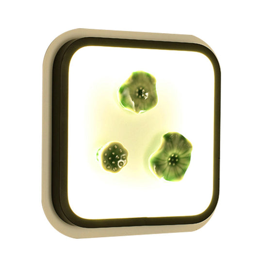 Chinese Style Lotus Wall Lamp: Led Porcelain Light In Black And White Square Design