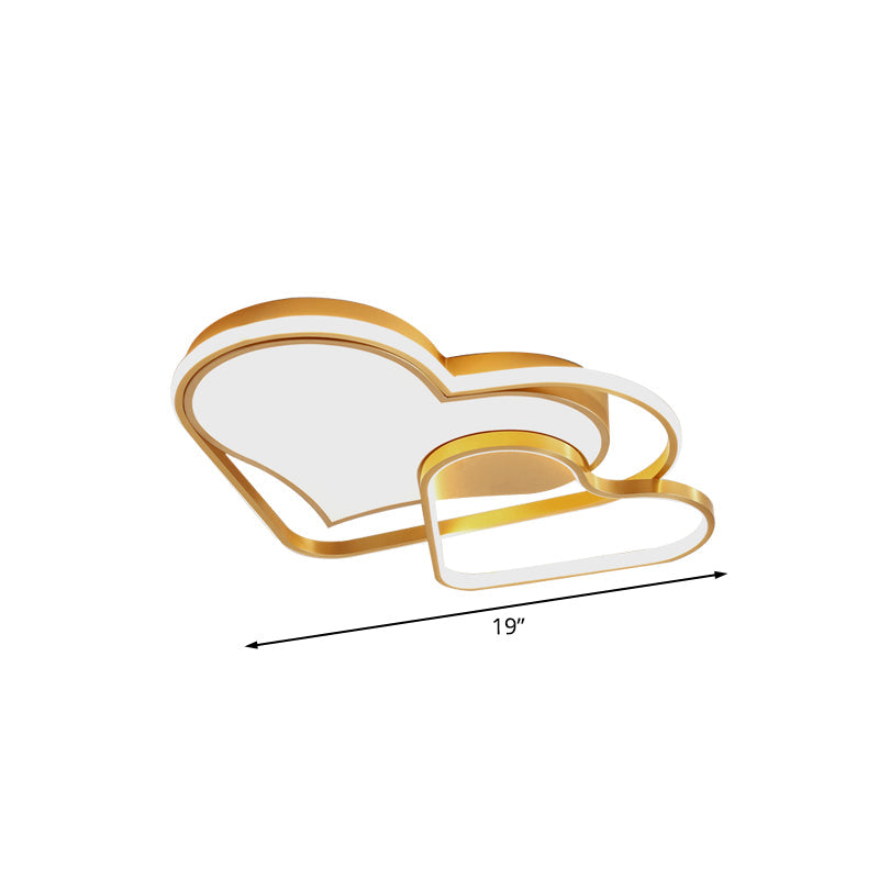 Nordic Style Metallic Led Gold Flush Mount Lamp With Dual Loving Heart Design