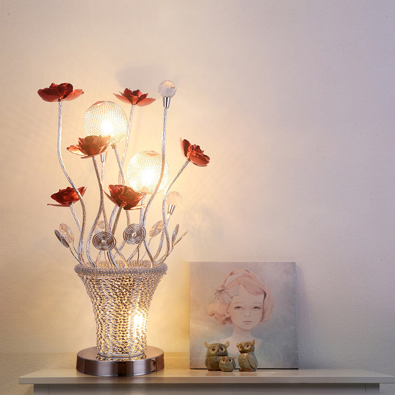 Zoé - Led Potted-Flower Nightstand Light Country Red And Chrome Finish Aluminum Wire Table Lamp