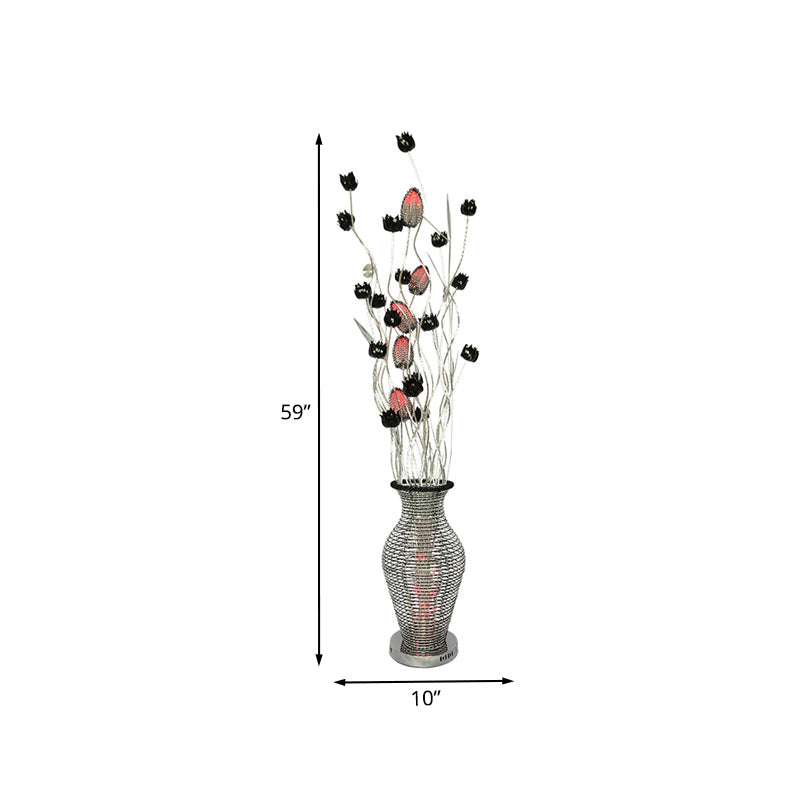 Led Standing Lamp With Art Decor Cutout Vase & Floret Design In Black