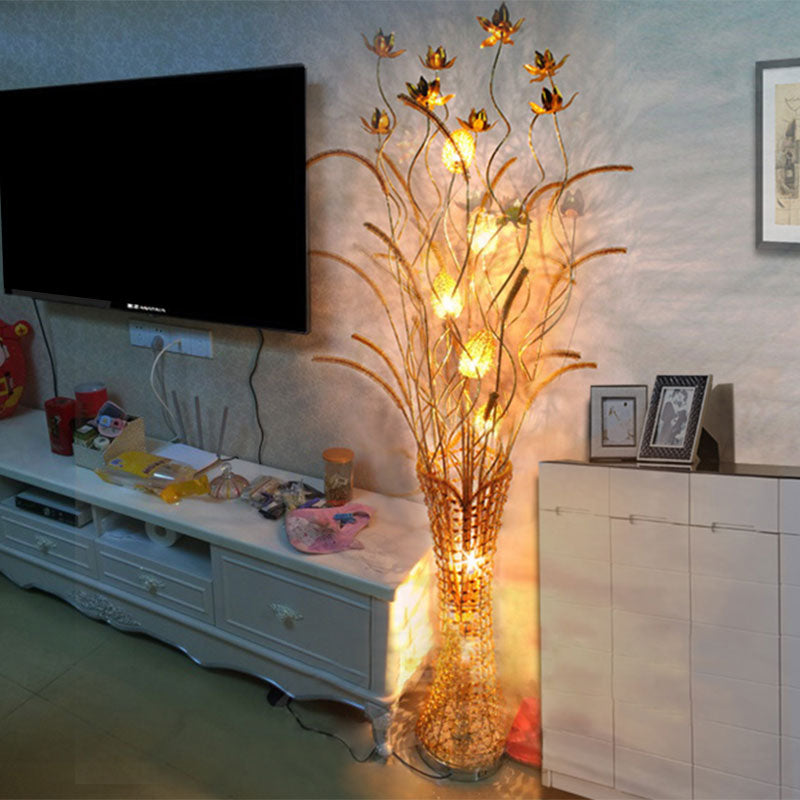 Gold Metal Led Floor Lamp With Blossom Design - Tower-Like Art Decor Standing Light