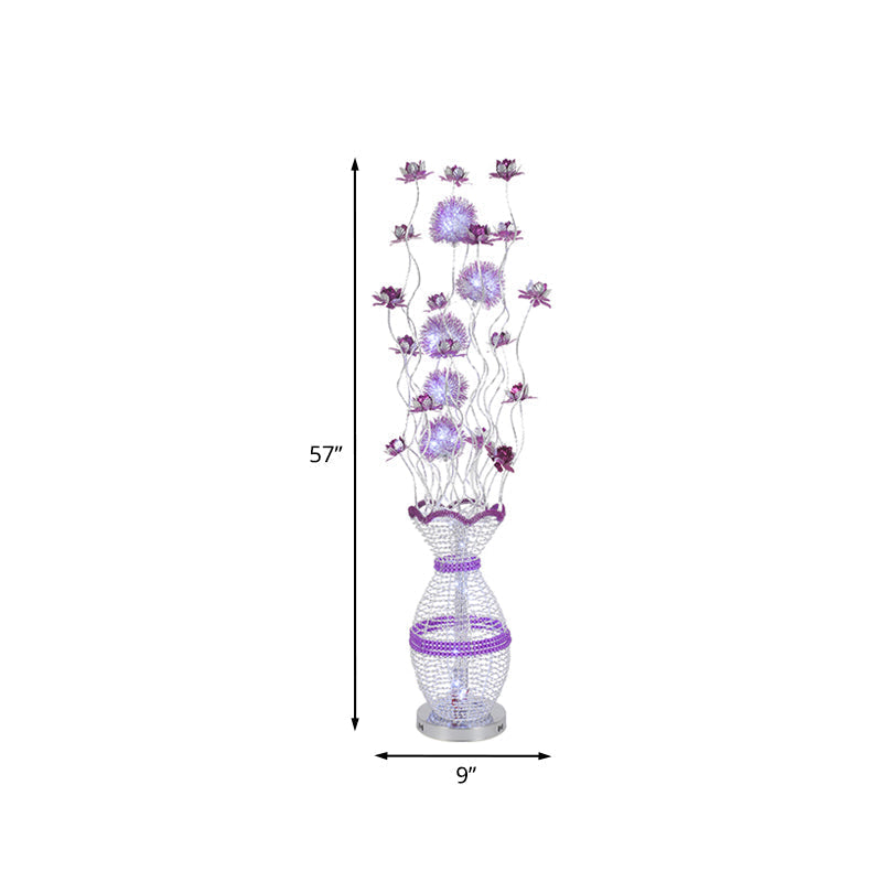 Modern Metal Hollow Urn Floor Lamp With Led Bulb Purple Blossom Decor - Bedroom Reading And Ambient