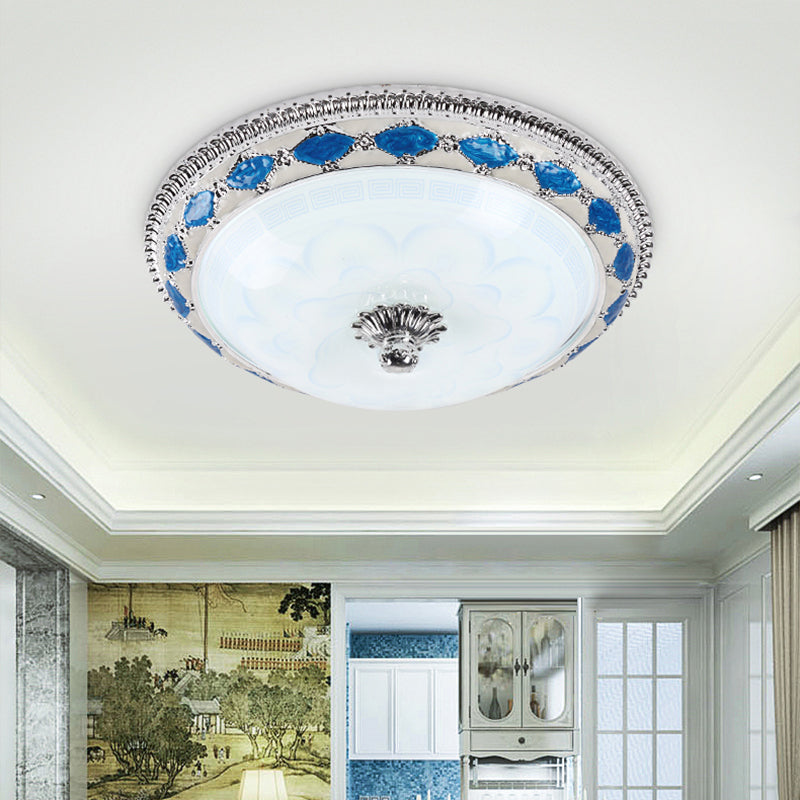 Rustic Blue Led Glass Dome Bedroom Flushmount Light Fixture With Crystal Accent 12/16/19.5 Wide / 12