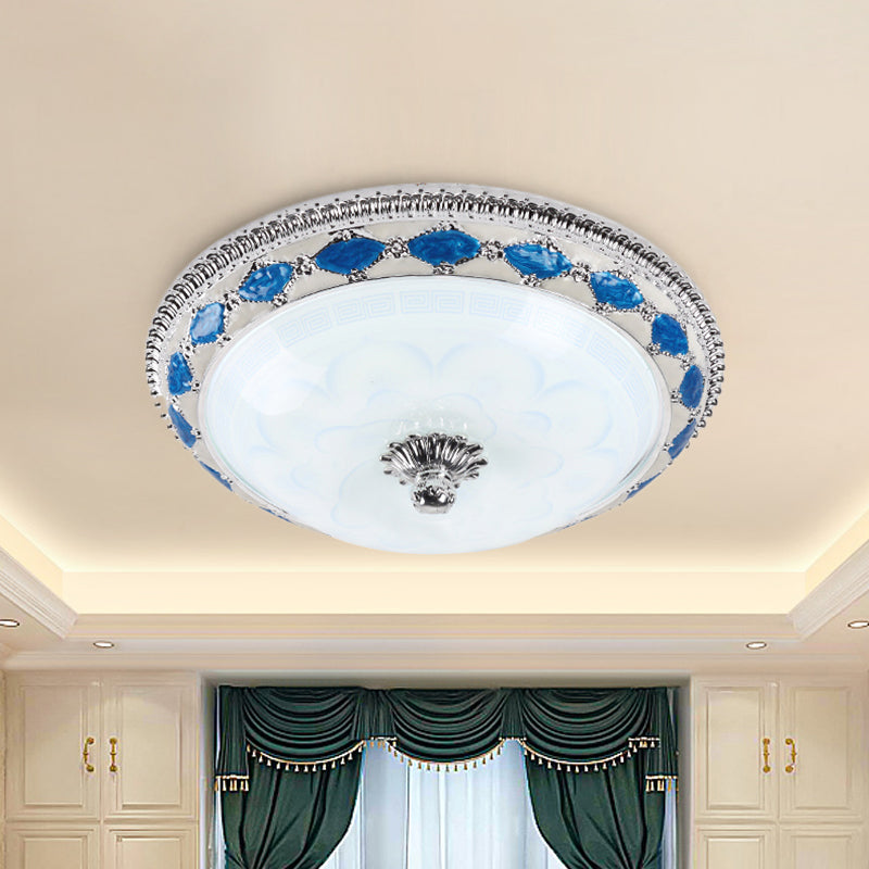 Rustic Blue Led Glass Dome Bedroom Flushmount Light Fixture With Crystal Accent 12/16/19.5 Wide