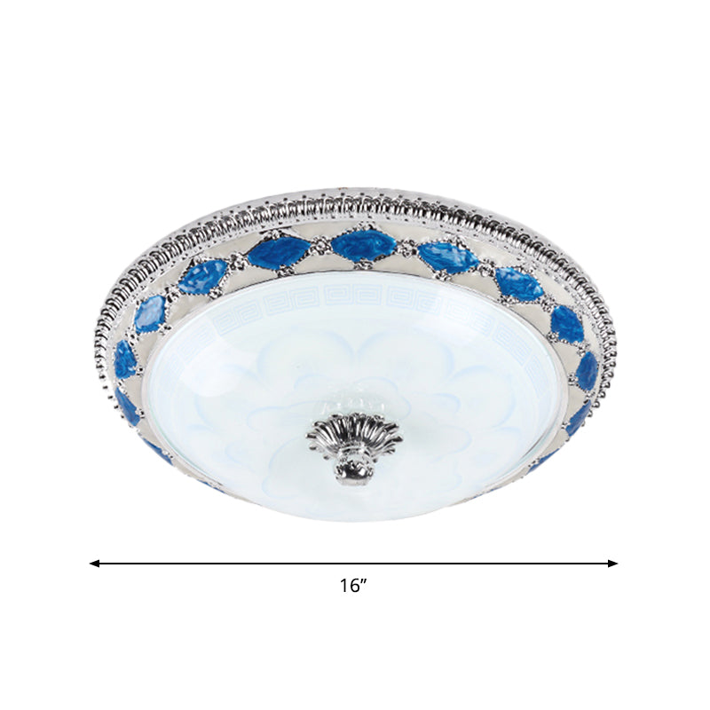 Rustic Blue Led Glass Dome Bedroom Flushmount Light Fixture With Crystal Accent 12/16/19.5 Wide