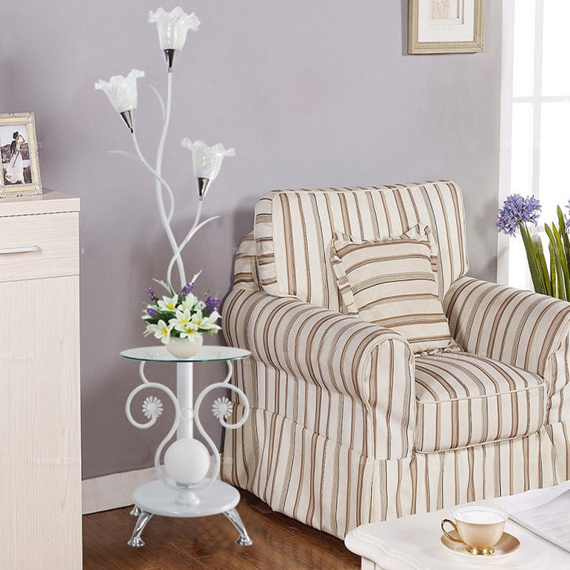 Faceted Glass Floor Lamp With Countryside Black/White Floral Shade - 3 Lights Ideal For Living Rooms