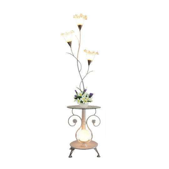 Faceted Glass Floor Lamp With Countryside Black/White Floral Shade - 3 Lights Ideal For Living Rooms