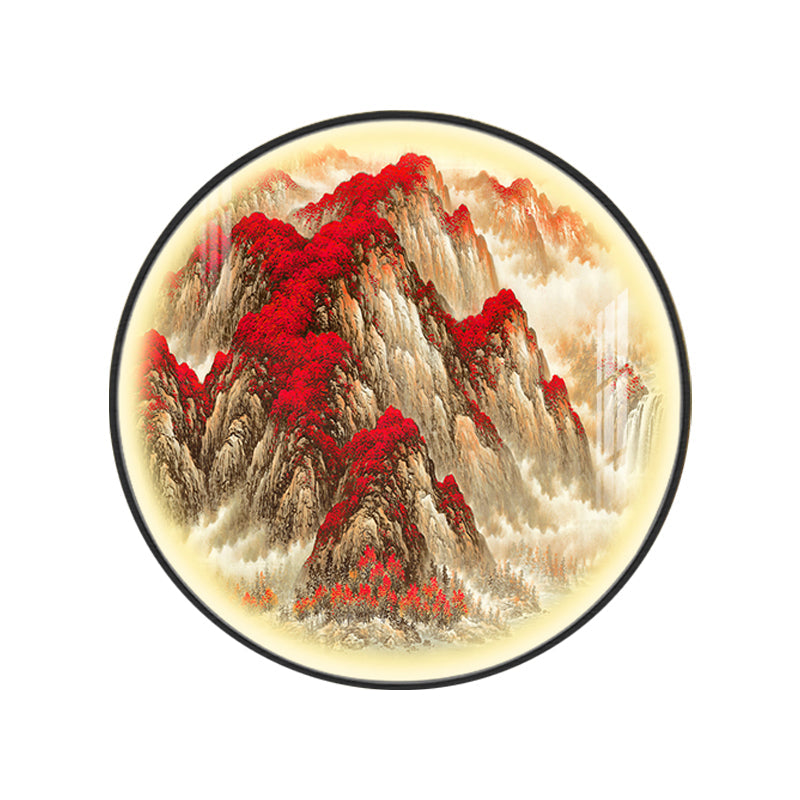 Red Oriental Style Led Wall Lamp With Mountain Pattern Metallic Mural Light For Guest Room