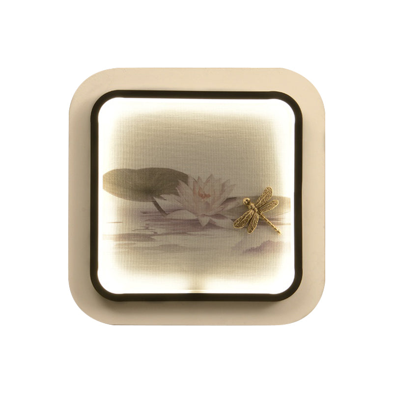 Black & White Chinese Led Wall Light With Lotus Dragonfly Pattern - Square Metal Fixture