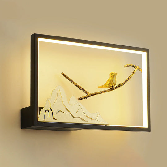 Metal Oriental Style Led Wall Light With Bird And Mountain Mural In Black