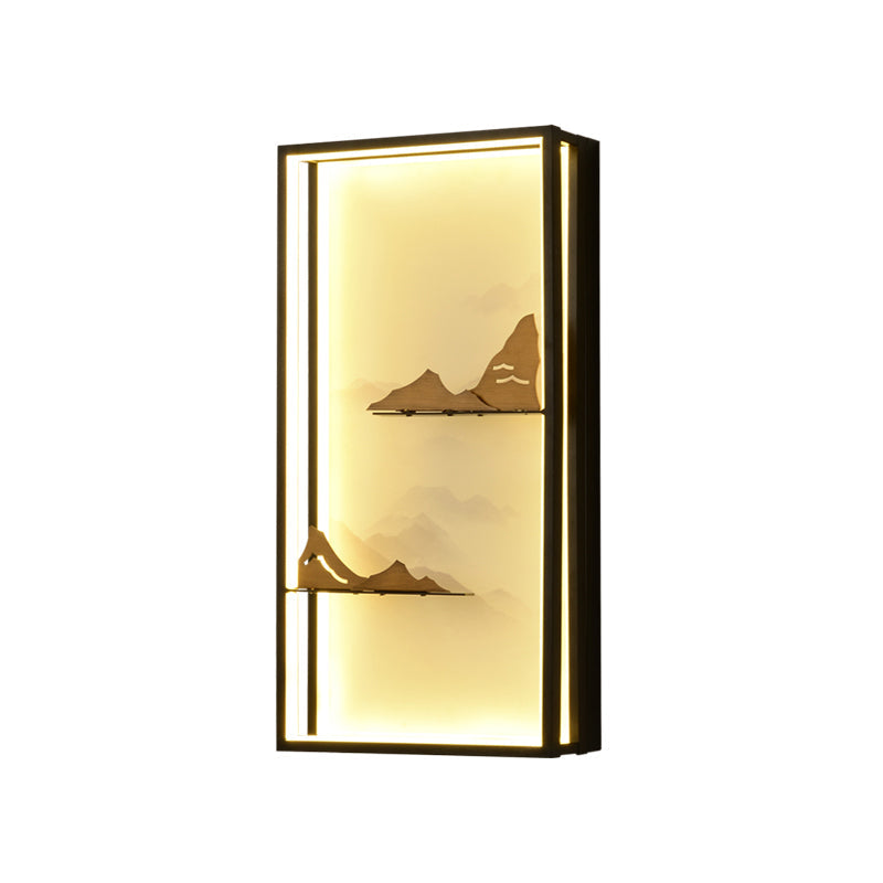 Led Oriental Style Black Mountain Wall Light With Metallic Mural Design