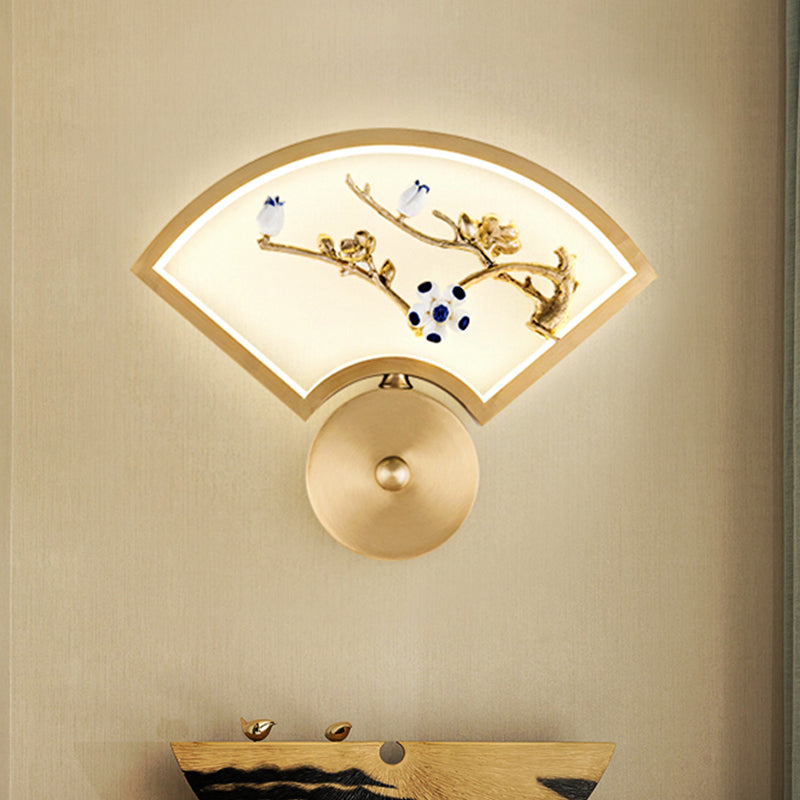 Chinese Style Led Gold Branch Wall Mural Lamp - Fan Metal Mounted Lighting For Corridors