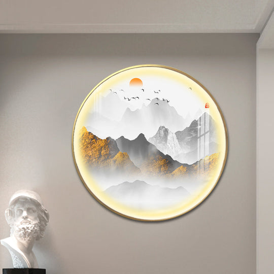 Oriental Led Wall Light With Mountain And Sun Pattern - Gold Mount Fixture / C