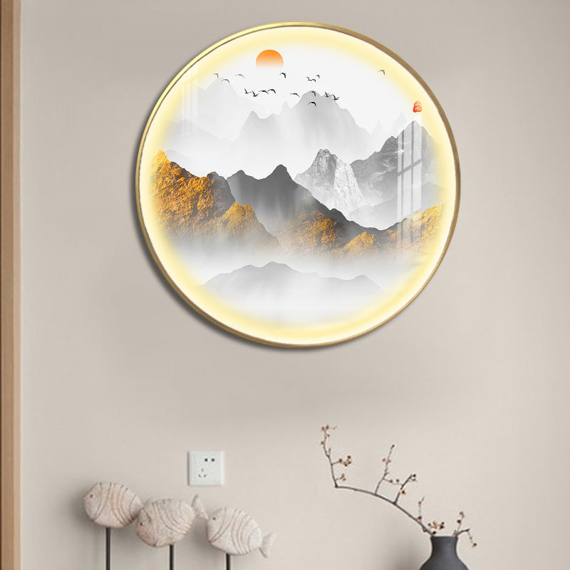 Oriental Led Wall Light With Mountain And Sun Pattern - Gold Mount Fixture