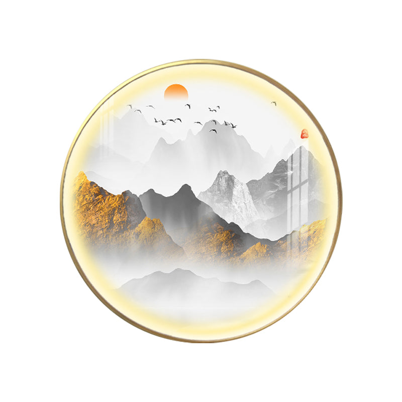 Oriental Led Wall Light With Mountain And Sun Pattern - Gold Mount Fixture