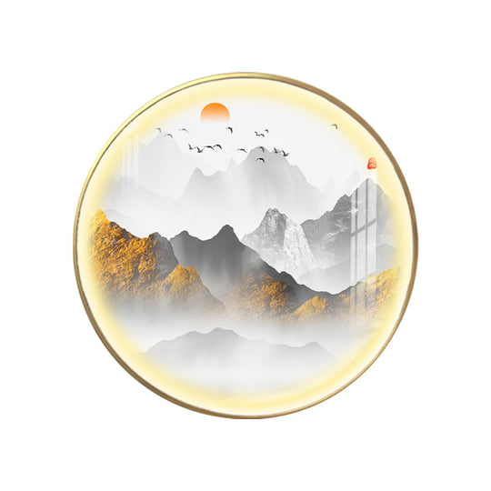 Oriental Led Wall Light With Mountain And Sun Pattern - Gold Mount Fixture
