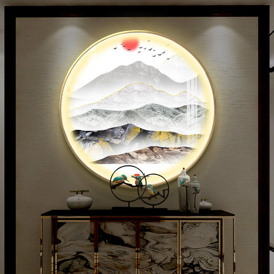 Oriental Led Wall Light With Mountain And Sun Pattern - Gold Mount Fixture / B