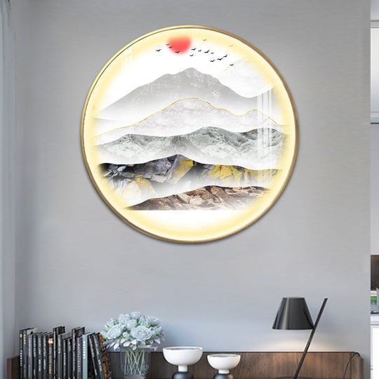 Oriental Led Wall Light With Mountain And Sun Pattern - Gold Mount Fixture