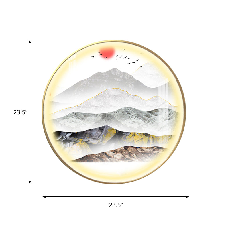Oriental Led Wall Light With Mountain And Sun Pattern - Gold Mount Fixture