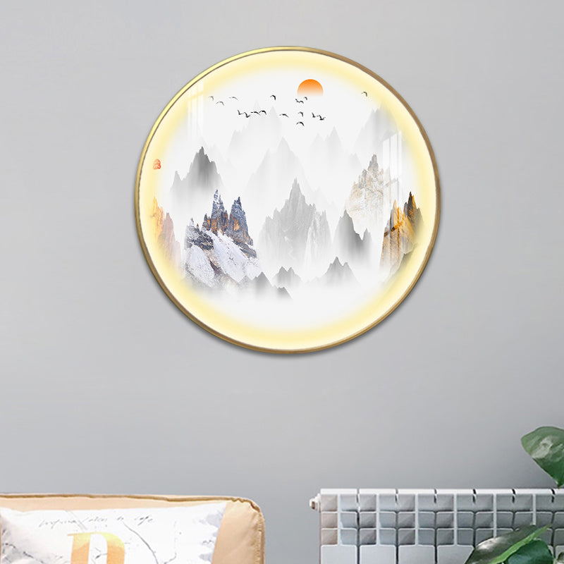 Gold Chinese Metal Led Wall Light With Mountain And Sun Pattern - Round Mural Design