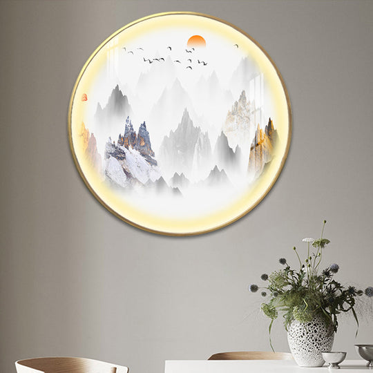 Gold Chinese Metal Led Wall Light With Mountain And Sun Pattern - Round Mural Design