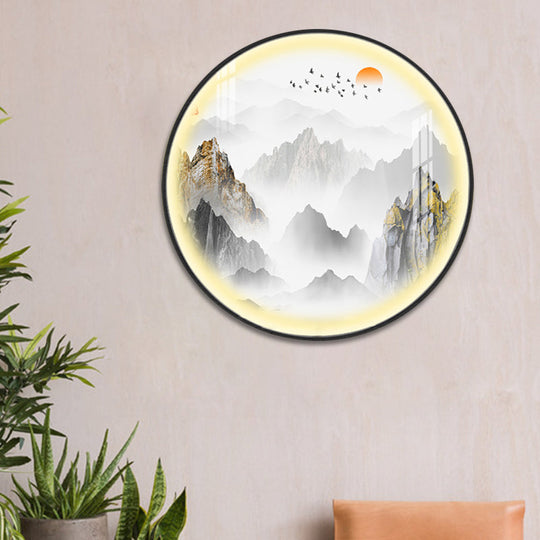 Gold Chinese Metal Led Wall Light With Mountain And Sun Pattern - Round Mural Design