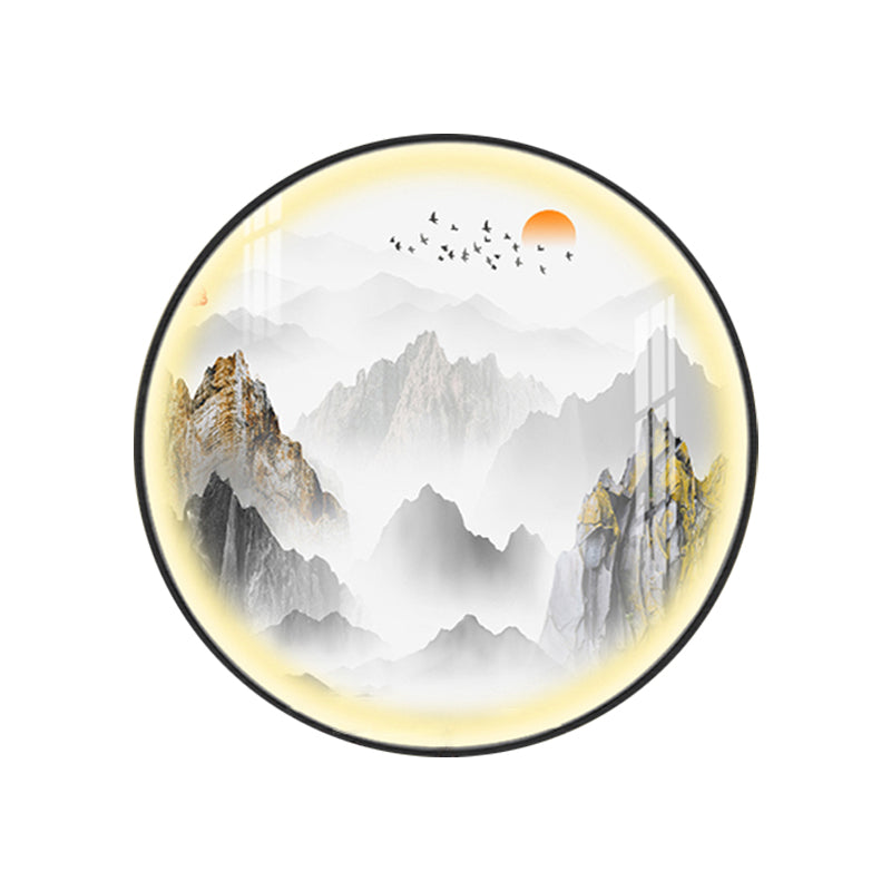Gold Chinese Metal Led Wall Light With Mountain And Sun Pattern - Round Mural Design