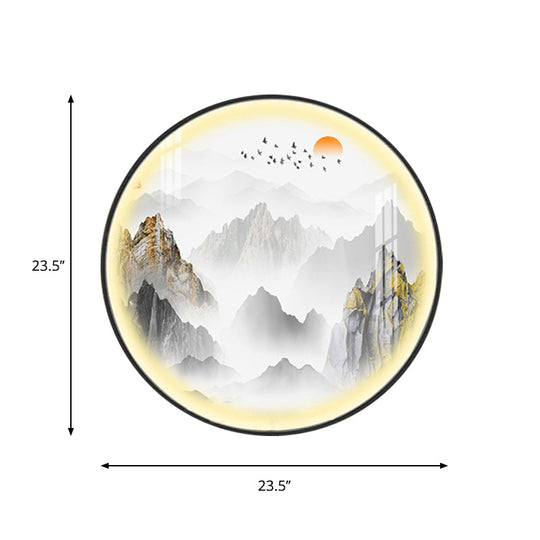 Gold Chinese Metal Led Wall Light With Mountain And Sun Pattern - Round Mural Design