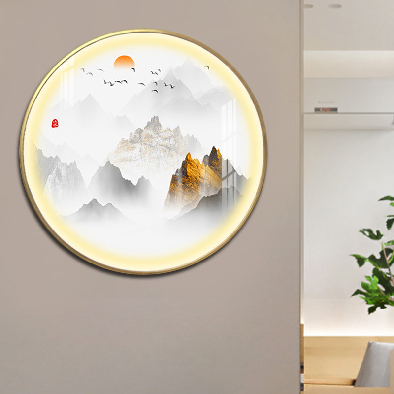 Gold Chinese Metal Led Wall Light With Mountain And Sun Pattern - Round Mural Design