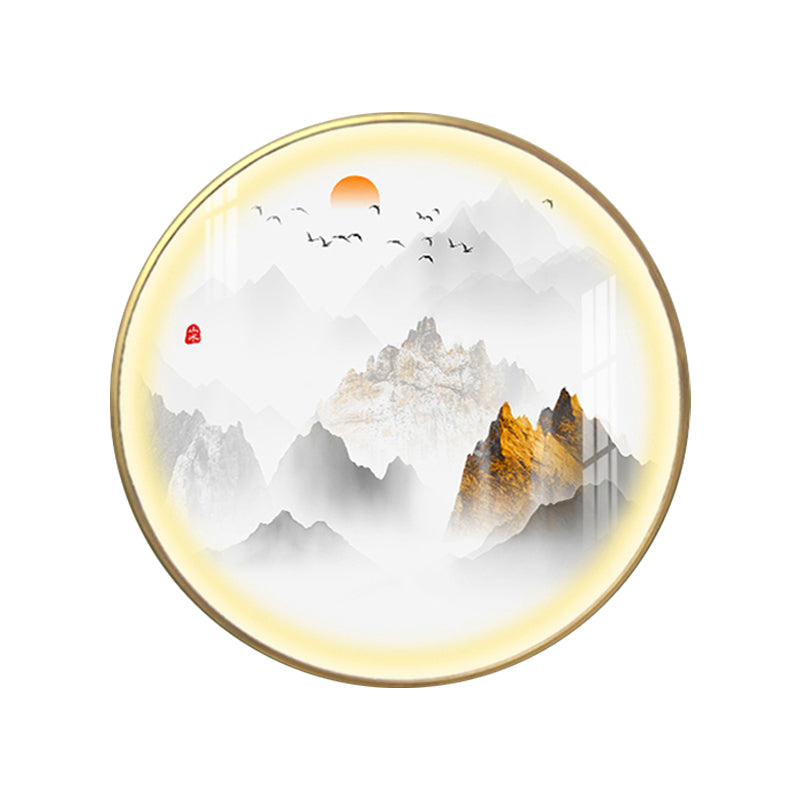 Gold Chinese Metal Led Wall Light With Mountain And Sun Pattern - Round Mural Design