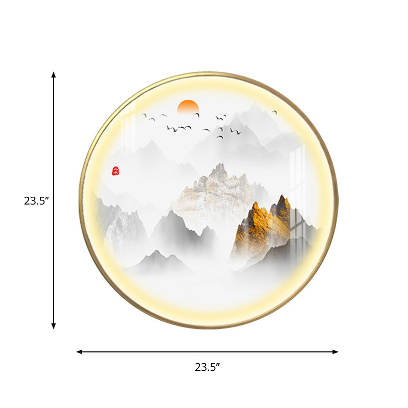 Gold Chinese Metal Led Wall Light With Mountain And Sun Pattern - Round Mural Design
