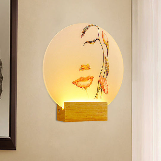 Minimalist Led Wood Wall Lamp: Circular Metallic Butterfly And Leaf Mural Lighting