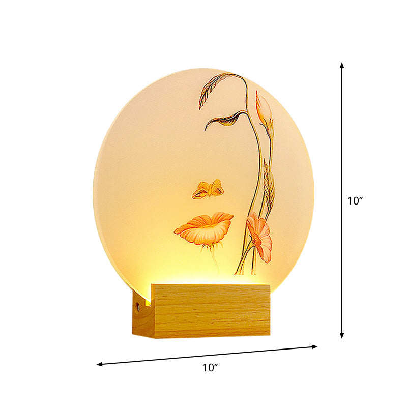 Minimalist Led Wood Wall Lamp: Circular Metallic Butterfly And Leaf Mural Lighting