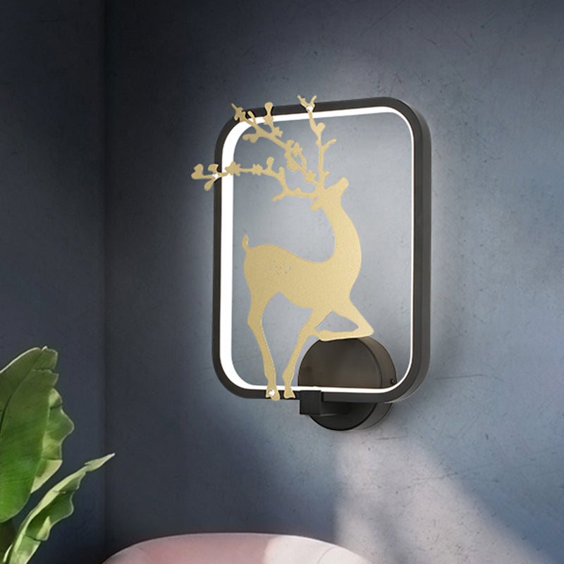 Minimalist Rectangle Metal Wall Mural Led Mount Lamp - Black/White With Elk Deer Pattern Warm/White