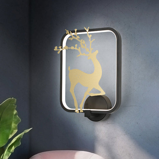 Minimalist Rectangle Metal Wall Mural Led Mount Lamp - Black/White With Elk Deer Pattern Warm/White